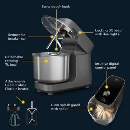 Ooni Halo Pro Spiral Mixer - Dough Stand Mixer with Attachments, 7.3 Quart Capacity and 58 Speed Settings - Charcoal Grey