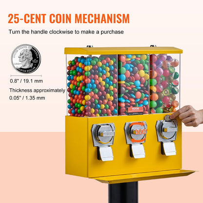 VBENLEM Triple Head Candy Vending Machine, 1-inch Gumball Vending Machine, Commercial Gumball Vending Machine with Stand and Adjustable Candy Outlet Size, Candy Vending Machine for Home, Gaming Stores
