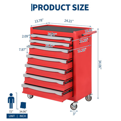 7-Drawer Tool Chest, Rolling Tool Cart with Wheels, Large Capacity Tool Storage Cabinet with Keyed Locking,Drawer Liners&Link Buckle, for Garage, Workshop, Warehouse,24.21"L * 13.78"W * 34.06"H Red