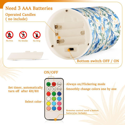 ALAZA Flowers Floral Blue Flickering Flameless Candles Battery Operated with Remote Timer,Tea Light Candles LED Pillar Votive Candles Set of 2 for Outdoor Indoor Decorations