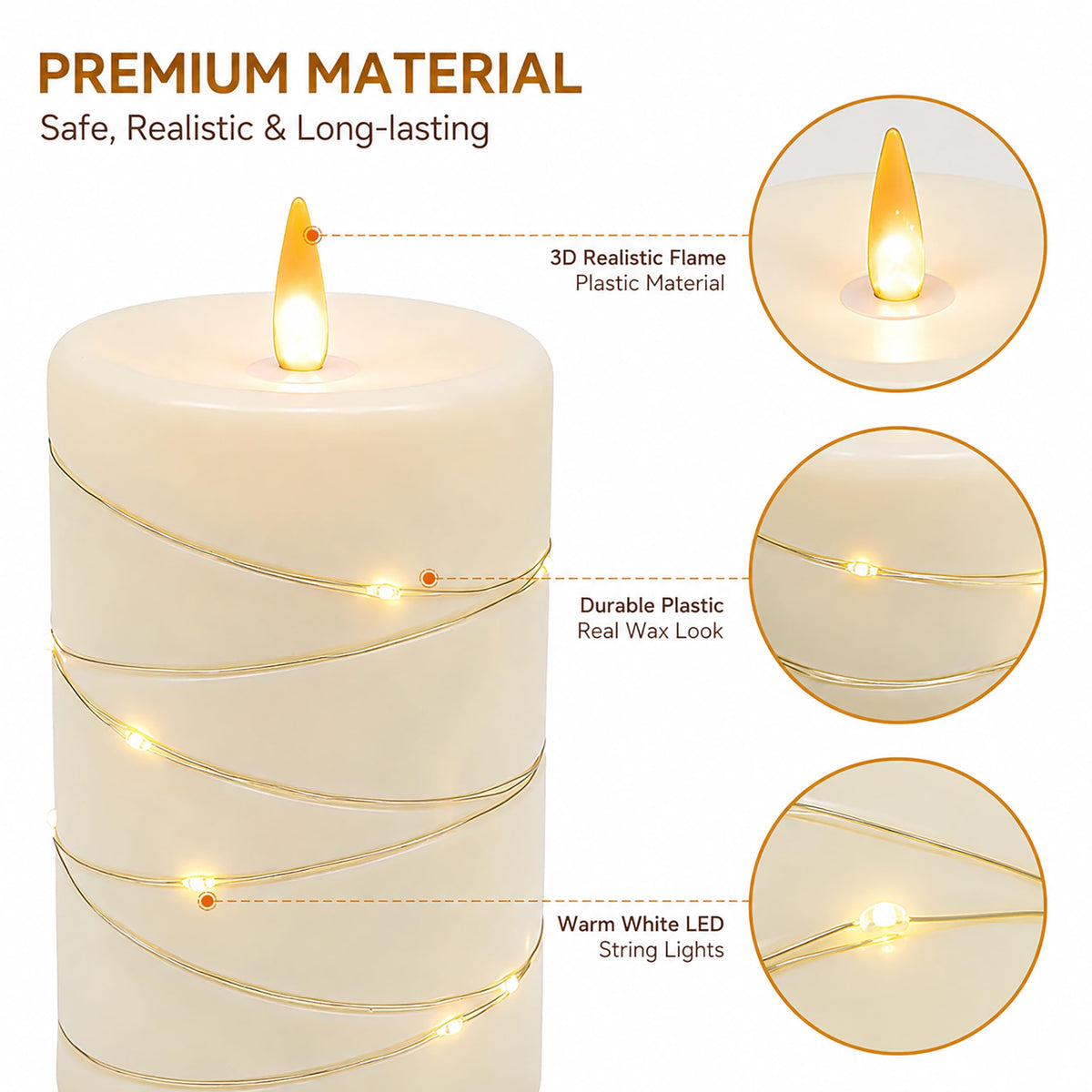 Flickering flameless candles, battery-powered, with string lights, remote control and timer functions, LED pillar candles (3-piece set) in ivory, suitable for home, party, and other decorations