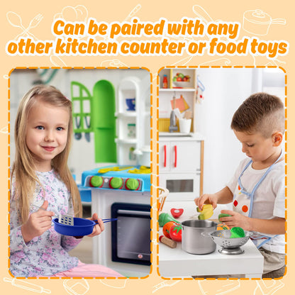 Veitch fairytales Kids Play Kitchen Toy Accessories Set Toddler Cooking Playset for Girls Boys Including Colorful Pots and Pans (Blue)