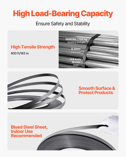 VEVOR Steel Banding Strapping Kit, Heavy Duty Banding Sealer Tool with 600 ft Binding Straps, 300 Metal Seals, Manual Pallet Packaging Strapping Kit for Warehouse, Transportation, Industrial Bundling