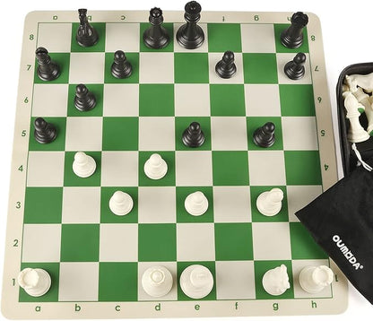 4 King Tournament Chess Set Foldable 20 Silicone Chess Board Mat with 2.2 Squares Green Color Weighted Chess Pieces- 2 Extra Queens Carrying Case for Storage and Travel