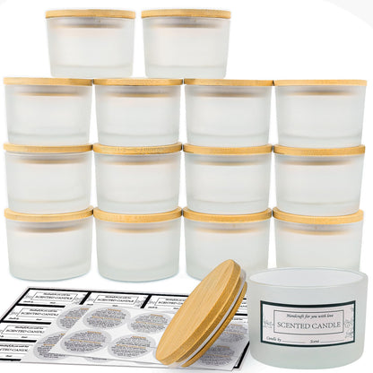 CONNOO 15 Pack 4 OZ Frosted Glass Candle Jars with Airtight Bamboo Lids for Making Candles, Bulk Small Wide Mouth Empty Candle Containers with Sticky Warning Labels - Dishwasher Safe