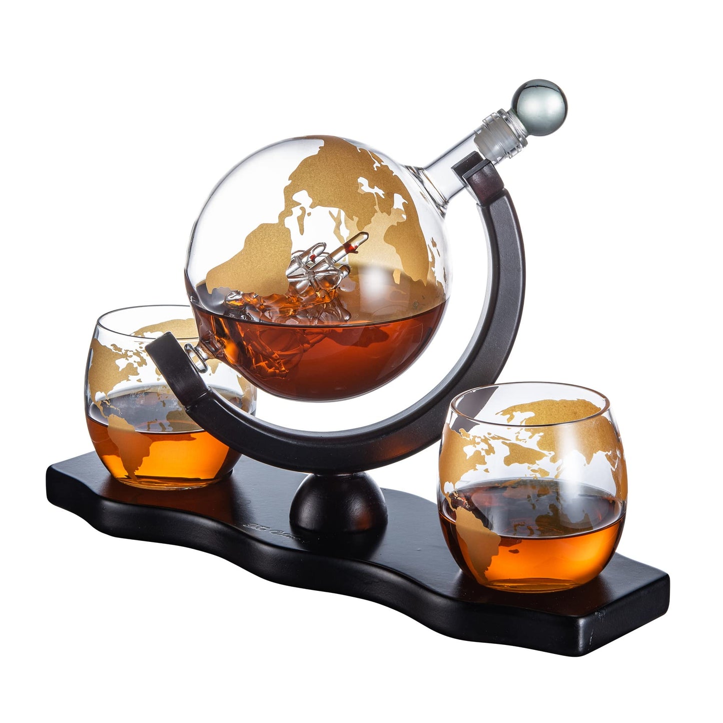 The Wine Savant Gold Etched Whiskey Decanter Set Globe with 2 Etched Globe Whisky Glasses - Perfect for a Birthday, Decanter Set for Whiskey, Scotch, Bourbon (27 Oz) (Gold)
