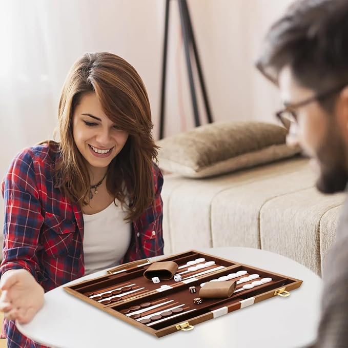 Backgammon Set - Classic Board Game with Premium Leather Case - Portable Travel Strategy Backgammon Game Set for Adults Kids (15inch Khaki)