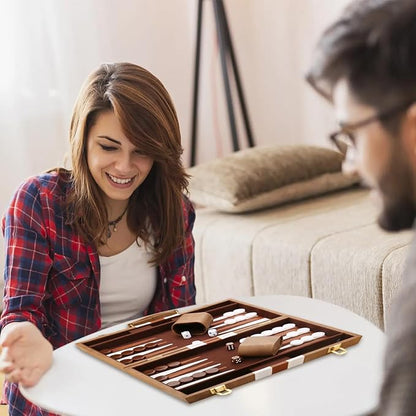 Backgammon Set - Classic Board Game with Premium Leather Case - Portable Travel Strategy Backgammon Game Set for Adults Kids (15inch Khaki)