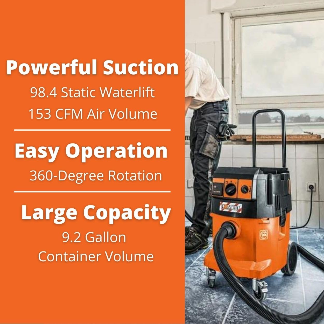 Fein Turbo II X AC PRO Set HEPA Wet/Dry Dust Extractor with Automatic Filter Cleaning - 9.2-Gallon Capacity, 153 CFM Suction, Includes Hose, Filter and Accessory Kit - 92030070990