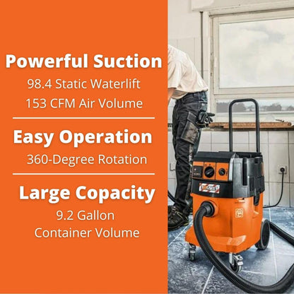 Fein Turbo II X AC PRO Set HEPA Wet/Dry Dust Extractor with Automatic Filter Cleaning - 9.2-Gallon Capacity, 153 CFM Suction, Includes Hose, Filter and Accessory Kit - 92030070990