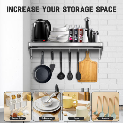 Commercial Stainless Steel Shelf 36" x 12" - 250lb Load Capacity, Heavy Duty Stainless Steel Wall Mounted Kitchen Shelf with Backsplash & 6 Hooks for Restaurant, Laundry