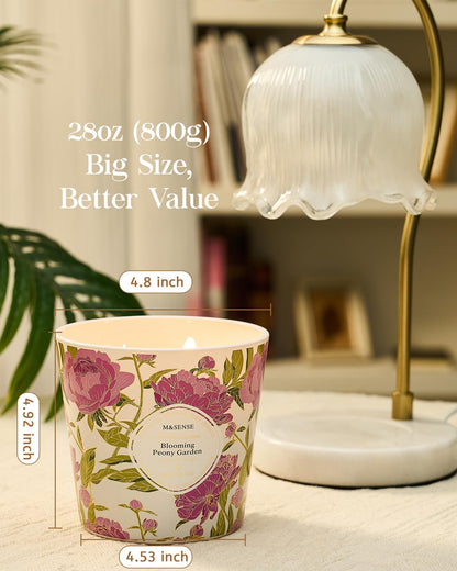 M&SENSE Blooming Peony Scented Candle, 28.2oz 3 Wick Natural Soy Wax Large Candles, Long Lasting Clean Slow Burning No Toxic Décor for Home Relaxation, Romantic Dates & Gift-Giving