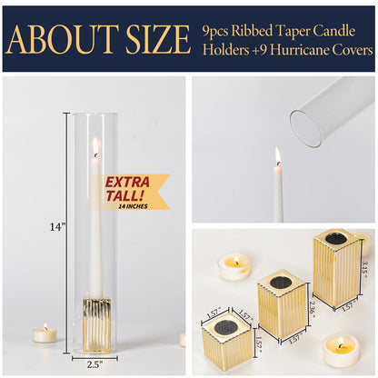 LETINE 14" Tall Hurricane Candle Holders with Gold Ribbed Taper Candle Holders Set of 9– Bulk Windproof Taper Candle Hurricane Glass for Outdoor&Indoors Wedding Centerpiece, Event & Home Decor