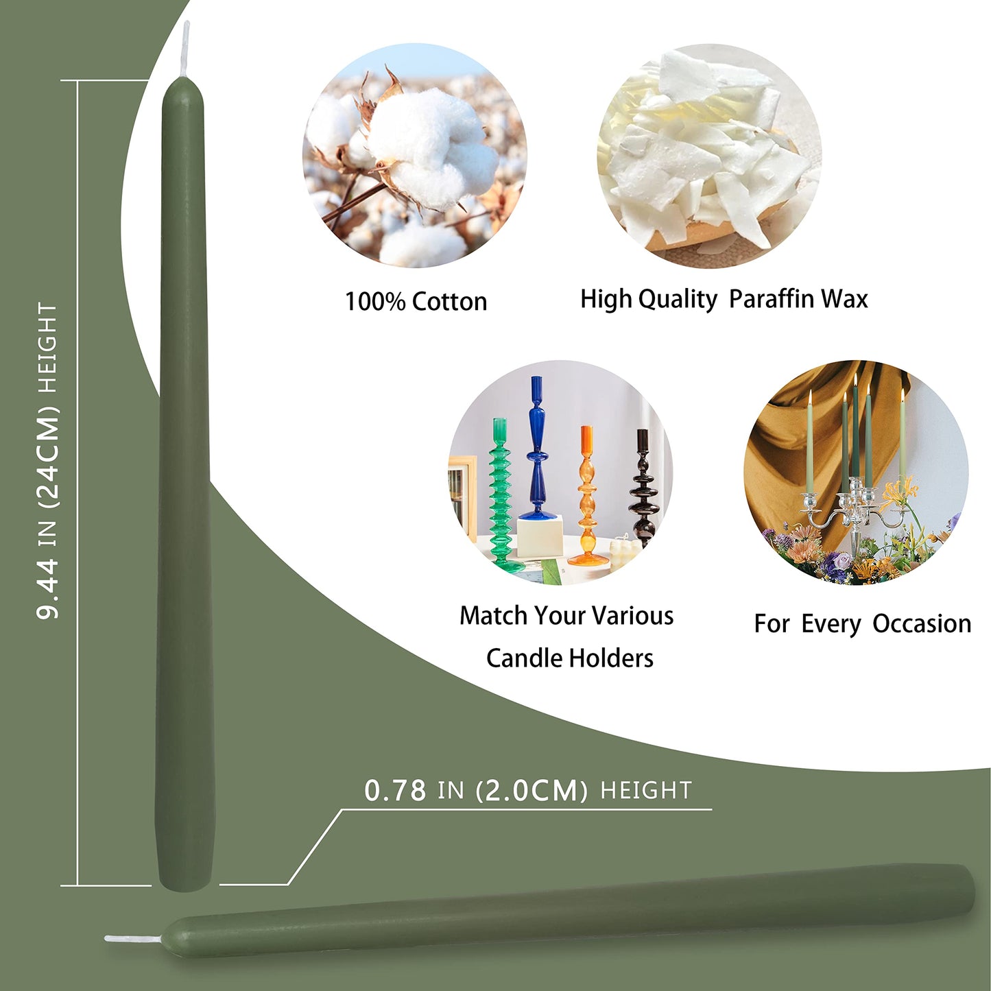 Sage Green Taper Candles Set of 4, 10 Inch Handmade Candle Stick, Unscented Candlesticks, Tapered Candles for Wedding Dinner Christmas Table Home Decor