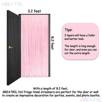 Pastel Pink Party Backdrop Decoration - GREATRIL Baby Pink Foil Fringe Streamers for Baby/Boo Day/Valentines/Cowgirl/Sweet/Cloud/Unicorn/Princess/Bow Themed - 3.2ft X 8.2ft - 2 Packs