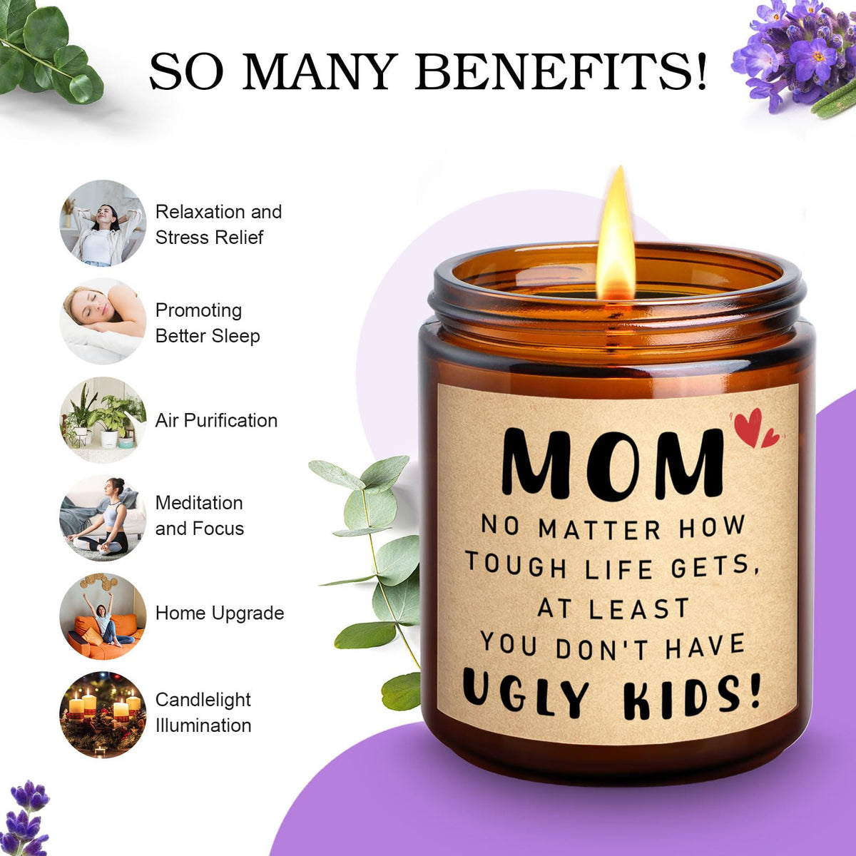 KOTKAS Lavender Candle Gifts for Mom Birthday - Funny Mothers Day Candles for Mom from Son Daughter - Eucalyptus Lavender Scented Soy Candles Non Toxic for Home - at Least You Dont Have Ugly Children