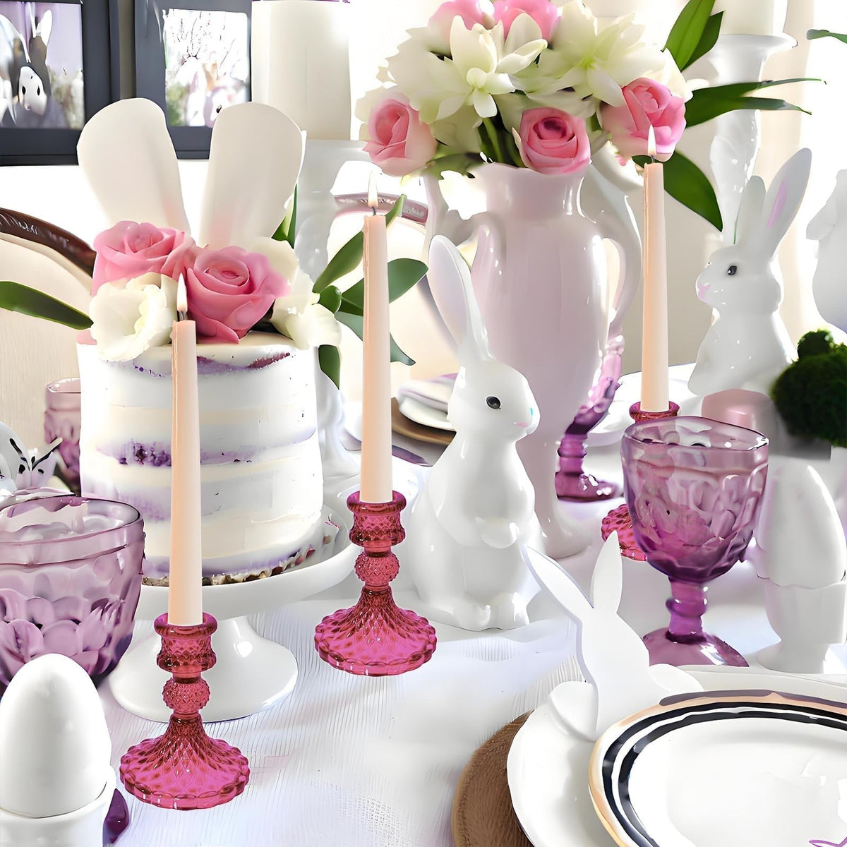 ECHFSM Glass Candlestick Holder,Striped Taper Candle Holders,Set of 6 Candle Stand for Table Centerpieces, Home Decor,Weddings,Festival and Parties (GCH002-Purple Dimond)