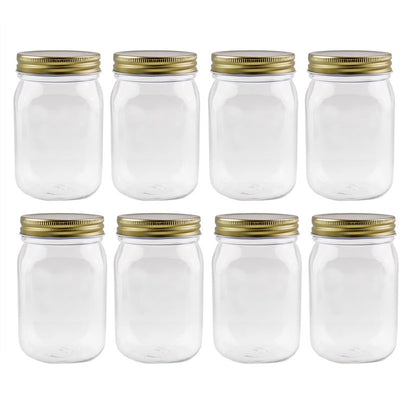 Cornucopia Brands 16oz Clear Plastic Mason Jars (8-Pack, Gold Metal Lids); PET BPA-Free Mason Style w/One Piece Lids, 2-Cup/Pint Capacity