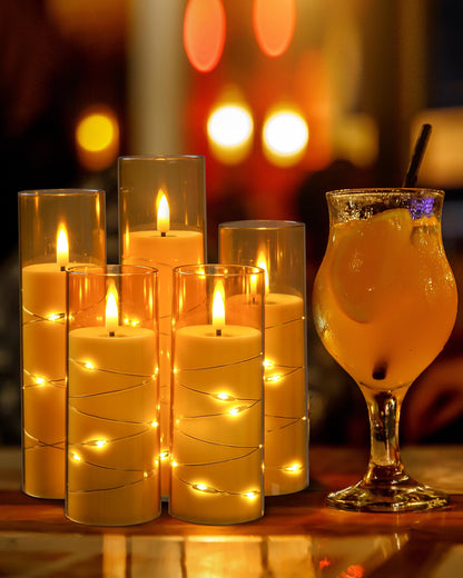 5 Pack Champagne Transparent Acrylic Flameless Taper Candles, Flickering Black Wick LED Candles with Surrounding Fairy String Lights, Heat Resistant ABS Candles with Remote for Indoor Outdoor Decor