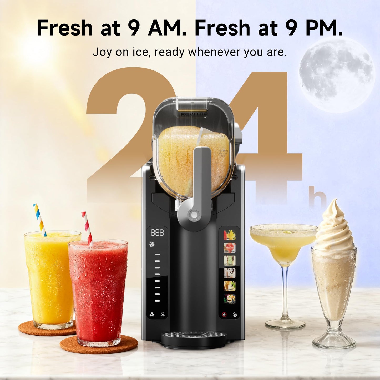 REVOTIO Slushie Machine for Home, 88 oz Slushy Machine, No Ice Needed Frozen Drink Maker with 6 Presets, Quiet, Auto-Clean, LED Display, Black, Perfect for Margaritas, Frappés, Milkshakes and More