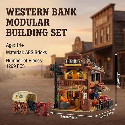 Western Bank Modular Building Set for Adults Wild West Cowboys Cabin with HorsesWagon &amp LED Lights Collection House Set for West Lovers (1299PCS)