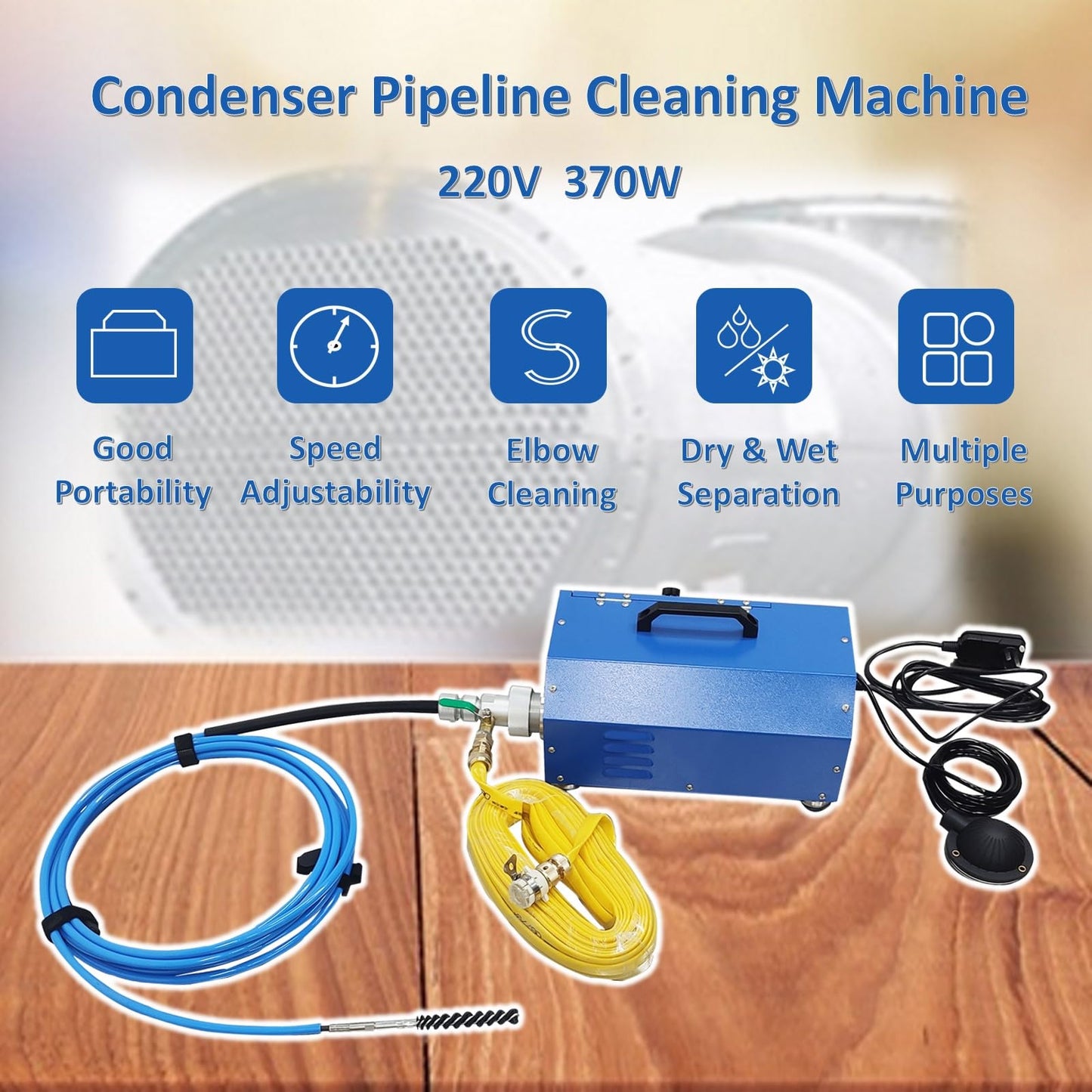 INTBUYING Condenser Pipeline Tube Cleaning Machine for Dia 0.6-0.7in Pipe 110V/220V 370W Adjustable Speed with Transformer Water Spray for Air Conditioner Chiller Heat Exchanger