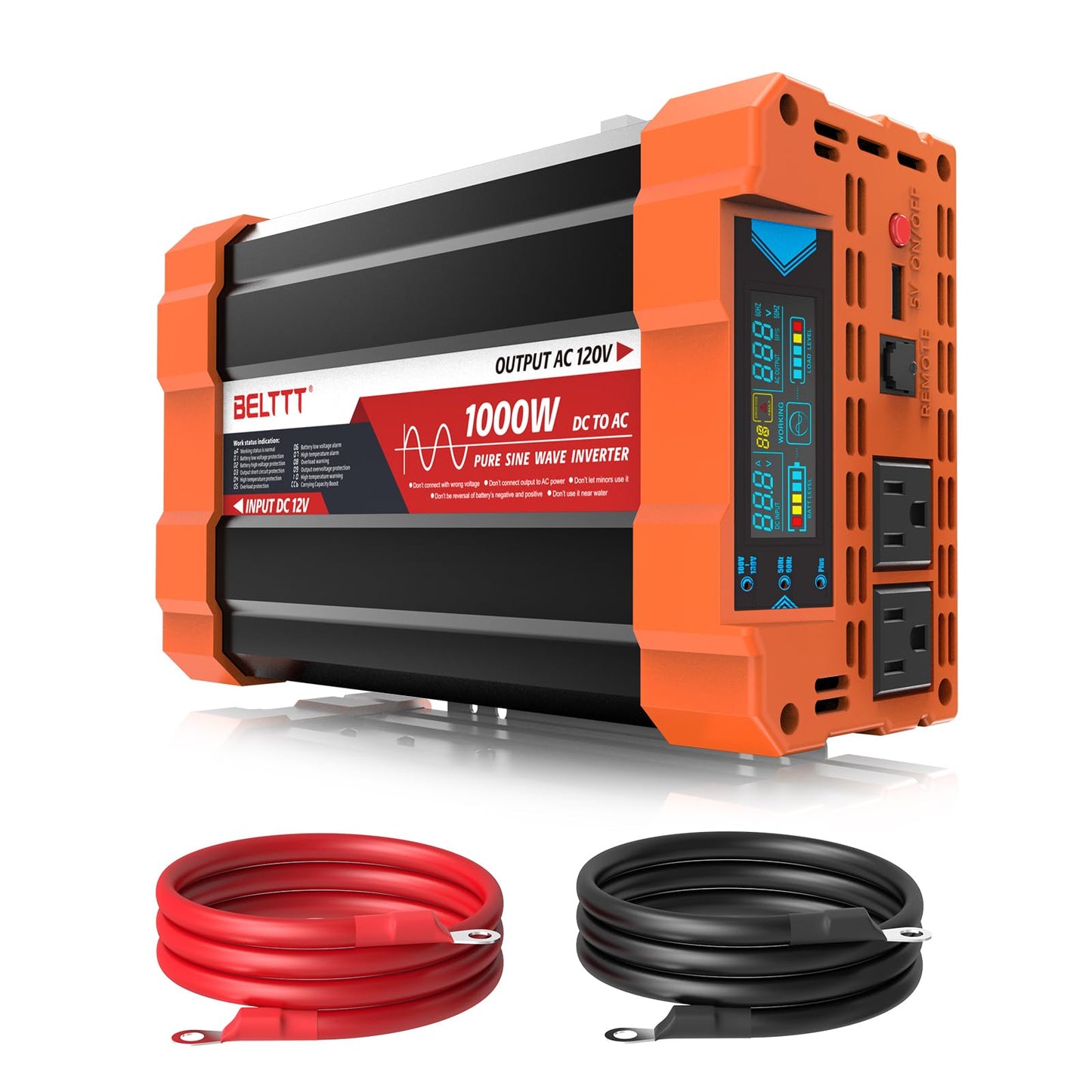 BELTTT 1000Watt Pure Sine Wave Inverter 12V DC to 120V AC for RV, Truck, Off-Grid, Solar Inverter 12V to 110V Converter with Dual AC Socket and 5V 2.1A USB, Power Inverter, Intelligent LCD, 2000W Peak