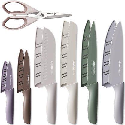 Astercook Knife Set, 13 Pieces Kitchen Knives Set with Healthy Anti-Rust Coating, Dishwasher Safe, Stainless Steel Chef Knife Sets with 6 Blade Guards, Perfect Holiday Gifts for Kitchen Morandi