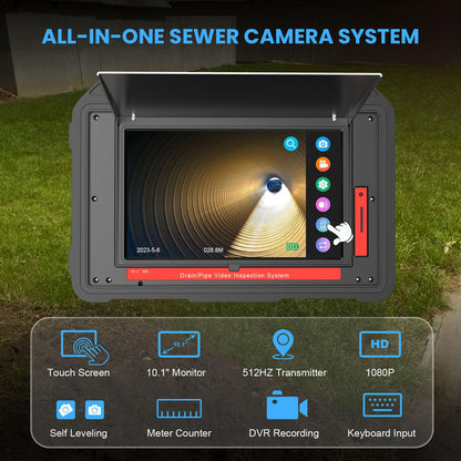 Sewer Camera, 10.1" 1080P Touchscreen Sewer Pipe Inspection Camera with 512Hz Transmitter, Self-Leveling, Distance Counter for Drain Plumbing Pipe, IP68 Waterproof DVR Recorder/Audio-16 GB, 165FT