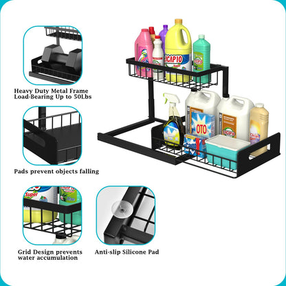 REALINN Under Sink Organizer, Pull Out Cabinet Storage 2 Tier Slide Out Sink Shelf, Kitchen Organizers and Storage, Black, 1 Pack