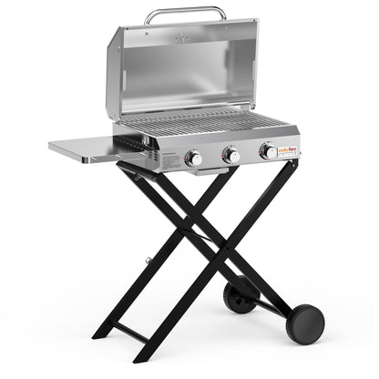 BBQ Gas Grill 3-Burner with Foldable Cart & Side Table, Premium Portable Propane Grill with 22" Cooking Grate for Outdoor Patio Backyard Barbecue Camping Tailgating RV, Stainless Steel, Classic GS308