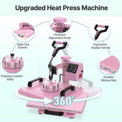 Slendor 5 in 1 Heat Press Machine 12x15 inch Sublimation Heat Press 360° Swing Away Heat Transfer Digital T-Shirt Pressing with 30OZ 20OZ Tumbler Press, Multifunction Combo for Hat Cap Plate