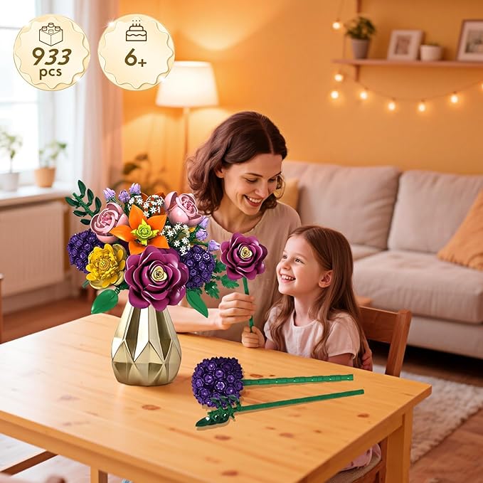 Flower Bouquet Building Block Set for Adults 933PCS Botanical Collection 14 Flowers Building Blocks Kit Creative DIY Building Block Gift for Teens Girls Ages 6+ and Mom/Girlfriend
