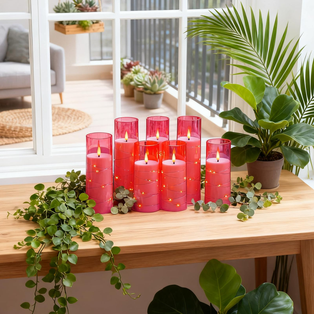 Flameless Candles,with Embedded Star String, Battery Operated Candles Flickering LED Pillar Candles with Remote Control and Timer, Home Decoration Add a Warm and Romantic Atmosphere，Set of 7 (Pink)