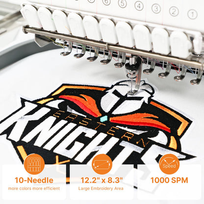 Ricoma EM-1010 Commercial Embroidery Machine for Small Business, 10-Needle, 10.1" Touchscreen, Automatic thread trimmer, 3D Cap/Flat/T-Shirt/Fabric Embroidery, Not Including Steel Stand