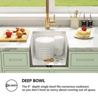 MILOSEN White Undermount Bar Sink, 16×16 Inch Small White Granite Composite Wet Bar or Prep Sinks with Cutting Board, 9 Inch Deep Outdoor Single Bowl Small Workstation Sink with Gold Accessories