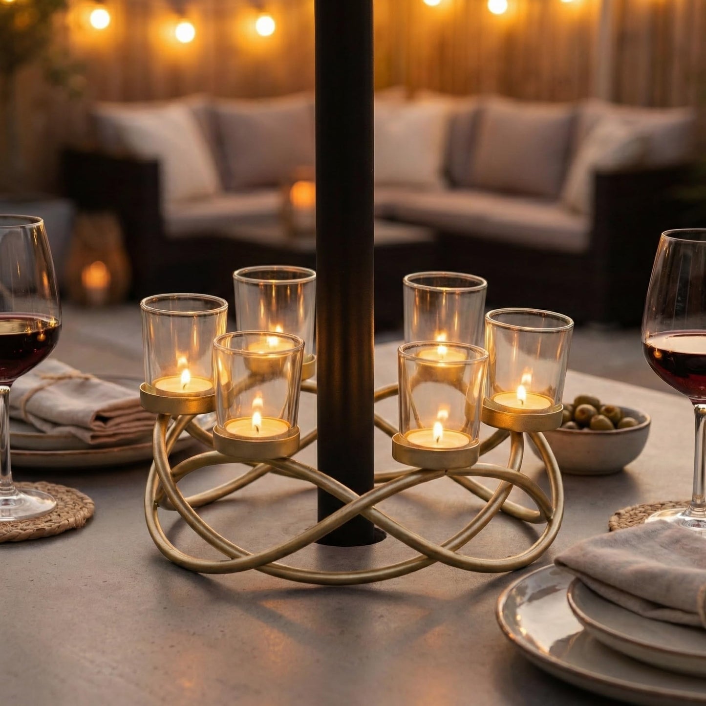 Seraphic Centerpieces for Table Decorations - Round Candle Holders for Outdoor Patio, Dining, Kitchen, Coffee & Wedding Table Decor, Gold Iron Candelabra, 6 Clear Glass Votive Tealight Cups