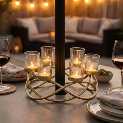 Seraphic Centerpieces for Table Decorations - Round Candle Holders for Outdoor Patio, Dining, Kitchen, Coffee & Wedding Table Decor, Gold Iron Candelabra, 6 Clear Glass Votive Tealight Cups