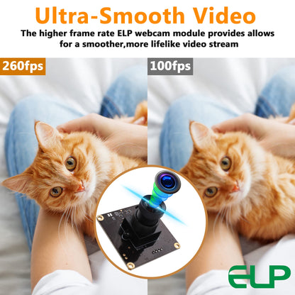 ELP High Speed USB Camera 1080P Embedded Webcam Board with 100degree No Distortion Lens for Computer High fps 60fps 120fps 260fps Wide Angle UVC USB2.0 Camera Module for Laptop 3D Printer Raspberry Pi