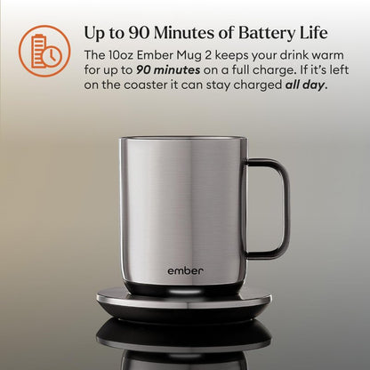 Ember Temperature Control Smart Mug 2, 10 Oz, App-Controlled Heated Coffee Mug with 80 Min Battery Life and Improved Design, Stainless Steel