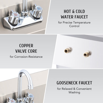 WILPREP Hand Sink Commercial Stainless Steel Sink for Washing, NSF Utility Sink with Gooseneck Faucet, Wall Mount Kitchen Sink for Restaurant Bar RV Bathroom Laundry Room (17 x 15 Inches)