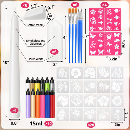 Treela 60 Pcs DIY Candle Painting Kit Include 6 White 6 White Tapered & 6 Pillar Candles 12 Candle Wax Pen 24 Floral Painting Stencils 6 Paint Brushes 6 Sponge Blocks for Craft Birthday Wedding Party