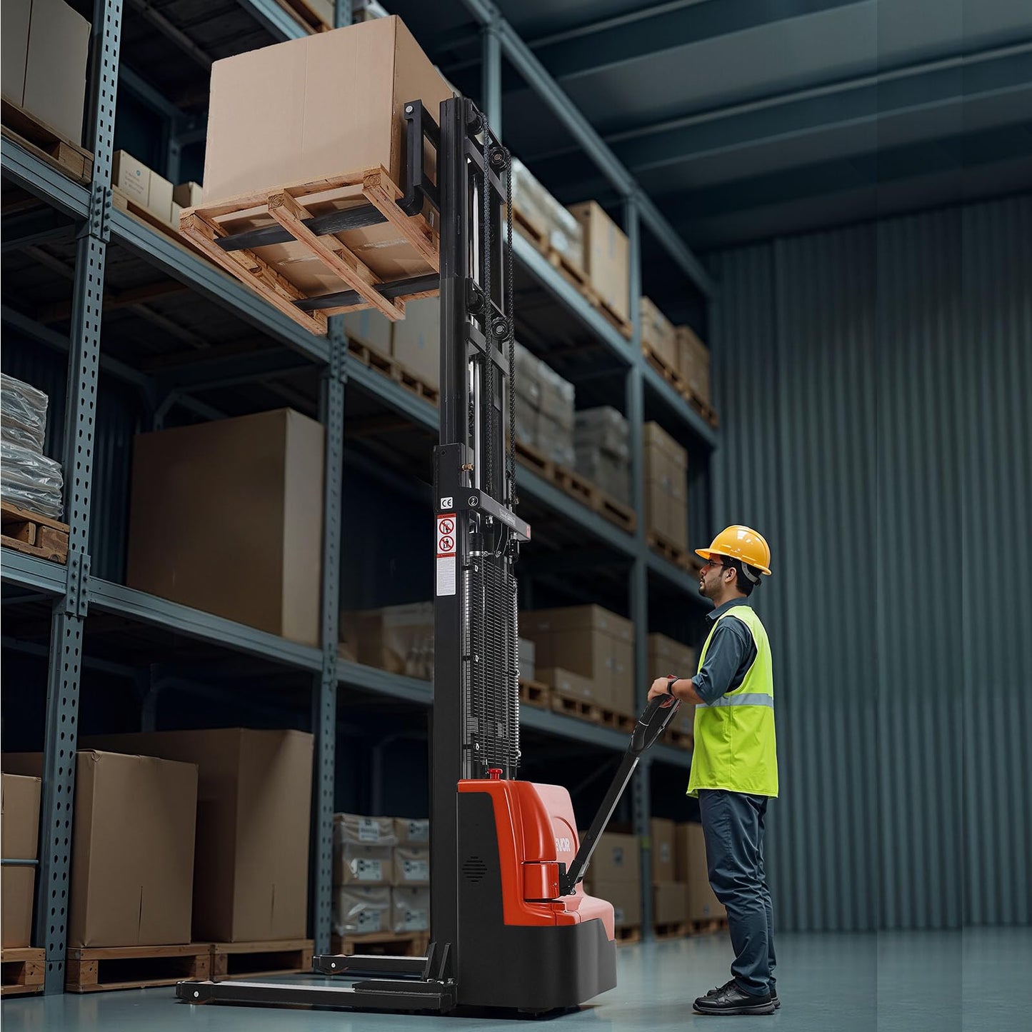 VEVOR Full Electric Pallet Stacker, 3300 lbs Capacity, 130'' Lifting Height, Pallet Lift Stacker Forklift with Straddle Legs & Forks, 8.66-31.1 Inches Adjustable Fork Width, Orange & Black