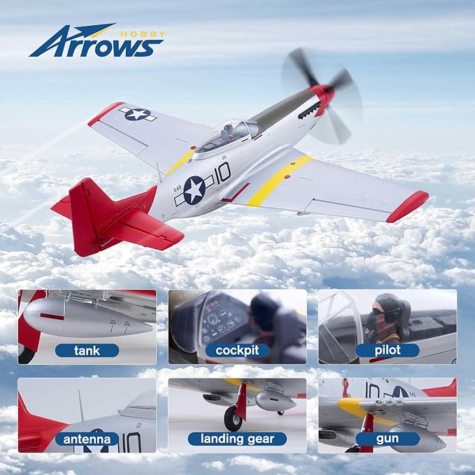 Arrows Rc Plane Propeller Rc Airplanes for Adults Remote Control Airplane P-51 850MM with Vector Flight Stabilization System RTF (Include Battery Charger Radio)