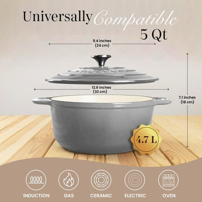 Cast Iron Pot with Lid – Non-Stick Ovenproof Enamelled Casserole Pot, Oven Safe up to 500° F – Sturdy Dutch Oven Cookware – Grey, 5-Quart, 24cm – by Nuovva
