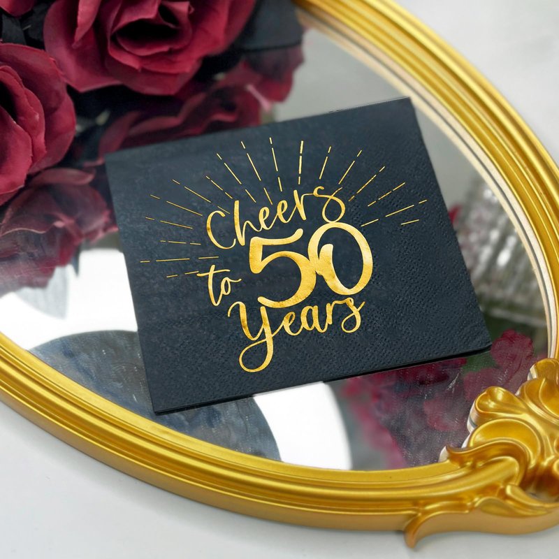 WRAPAHOLIC 50Pcs 50th Birthday Napkins - 3-Ply Disposable Paper Cocktail Napkin, Black and Gold Foil Cheers to 50 Years - 5 x 5 In