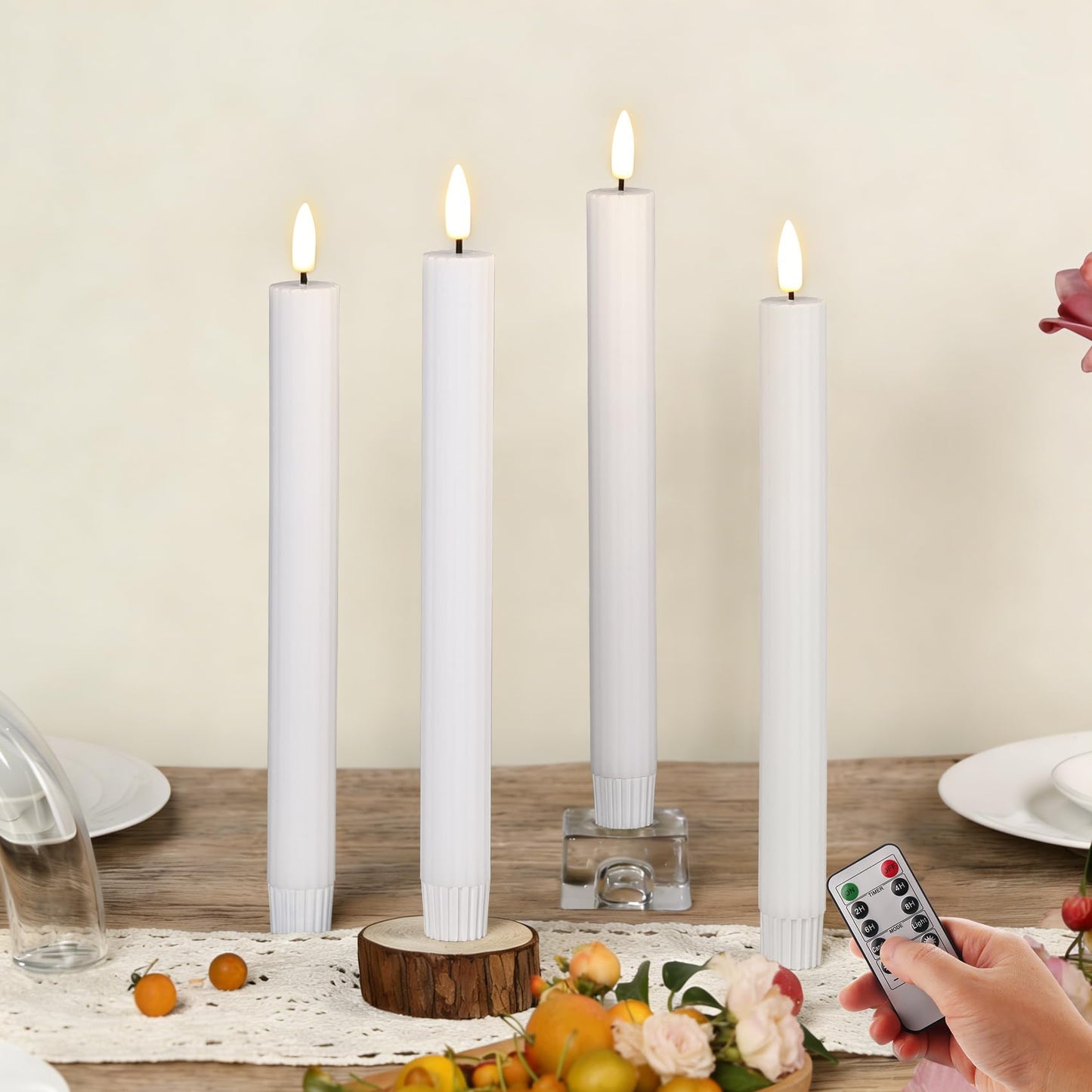 Girimax White Ribbed Fluted Flameless Taper Candles with Remote, Flickering Battery LED Wax Candlesticks Wedding Home Decor Set of 4