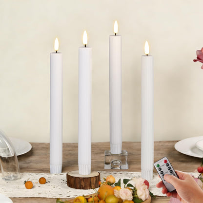 Girimax White Ribbed Fluted Flameless Taper Candles with Remote, Flickering Battery LED Wax Candlesticks Wedding Home Decor Set of 4