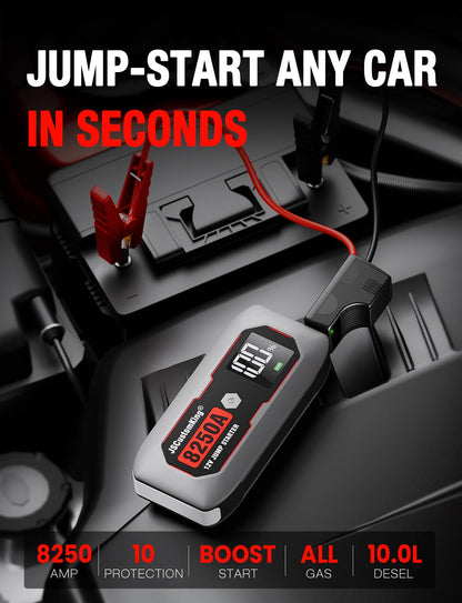 8250A Jump Starter Battery Jump Starter Battery Pack (for All Gas or 10.0+L Diesel), 12V Potable Heavy Duty Car Jump Start with 3.2 inch HD Screen, 2 USB Power Bank 48-Months Stand-by Time