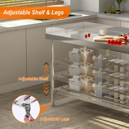 Garvee 48x24 in NSF Stainless Steel Table with Backsplash – Commercial Kitchen Prep Table for Restaurant, Home & Hotel, Heavy-Duty Workstation with Adjustable Undershelf & Splash Guard